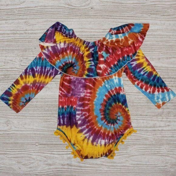 Rainbow Tie Dye Ruffle Pompom Long Sleeve Bodysuit - Picture 3 of 3
